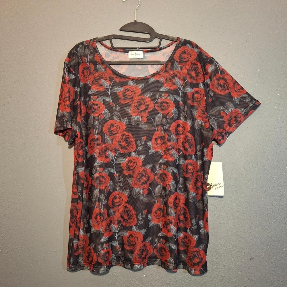 Black Sheer Top with Red Roses